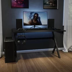 Emma And Oliver Black Computer Table Gaming Desk - Headphone Holder And 2 Cable Management Holes