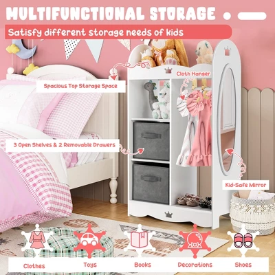 Costway Kids Dress Up Storage Hanging Armoire Dresser Costume Closet W/Mirror & Toy Bins - Image 4