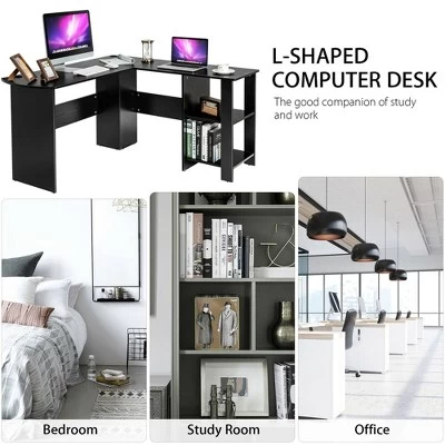 Costway Modern L-Shaped Computer Desk Writing Study Office Corner Desk W/Shelves - Image 5