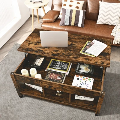 Costway Lift Top Coffee Table W/ Hidden Compartment And Storage Shelves Coffee - Image 4