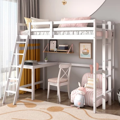 Costway Twin Loft Bed Frame W/Desk Angled And Built-in Ladder Solid Wooden Frame WhiteGreyExpresso - Image 10