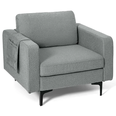 Costway Modern Linen Fabric Accent Armchair Single Sofa W/ Side Storage Pocket - Image 12