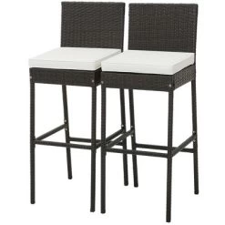 Costway Patio Wicker Barstools Bar Height Chairs W/ Cushions Backyard Off White