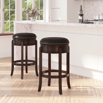 Merrick Lane 30" Backless Swivel Barstool, Upholstered With Nail Trim, Carved Apron, And Wood Frame