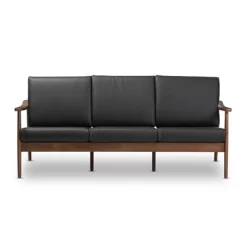 Venza Mid-Modern Walnut Wood Faux Leather 3 Seater Sofa Black - Baxton Studio