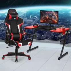 Costway Gaming Desk & Chair Set Z-Shaped Racing Style Desk With Massage Swivel Gaming Chair