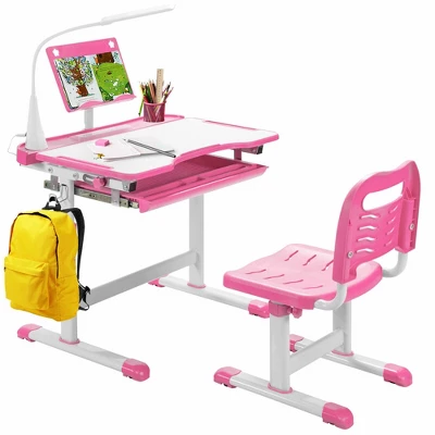 Costway Height Adjustable Kids Study Table And Chair Set W/Bookstand & Light Pink/Light Blue - Image 11
