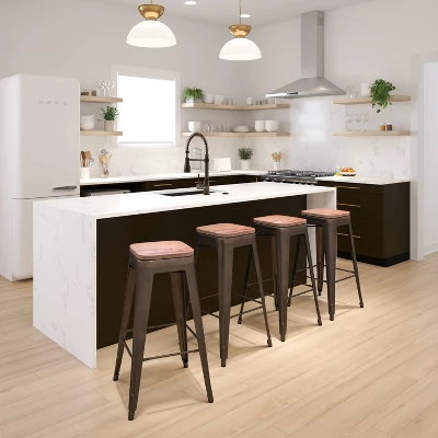 Flash Furniture 30" High Metal Indoor Bar Stool With Wood Seat - Stackable Set Of 4