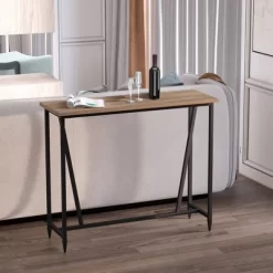 HOMCOM 47.75 Inch Bar Table With Metal Legs, Rustic Industrial Pub Table With Large Tabletop For Home Bar, Kitchen Or Dining Room, Brown