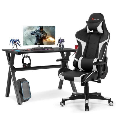 Costway X-Shaped Gaming Desk & Racing Style Massage Chair Set Home Office Black+White/Blue/Grey/Red - Image 13