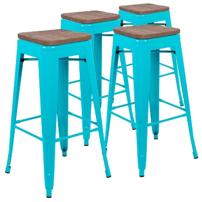 Flash Furniture 30" High Metal Indoor Bar Stool With Wood Seat - Stackable Set Of 4 - Image 14