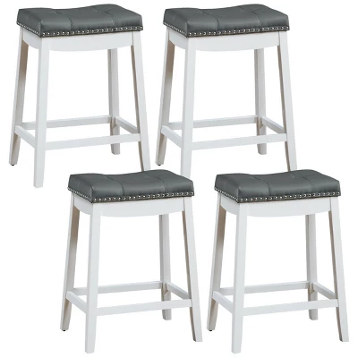 Tangkula 4 PCS Saddle Bar Stools Backless Nailhead Counter Stool With Grey Cushions White/Coffee - Image 8