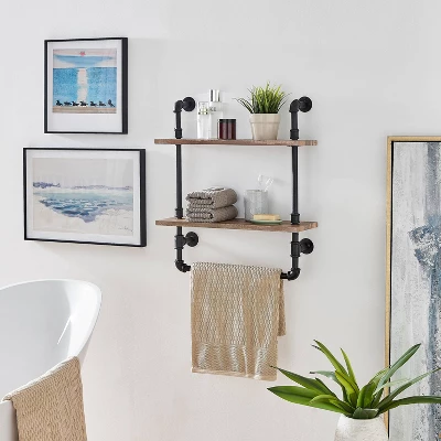 2-Tier Olivia Pipe Wall Shelf Unit With Hanging Rod Black/Rustic - Danya B. - Image 3