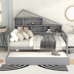 Full Size Platform Bed With Trundle And Shelves-ModernLuxe