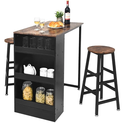 Costway 3 Pieces Bar Table Set Industrial Counter With Storage Black - Image 8