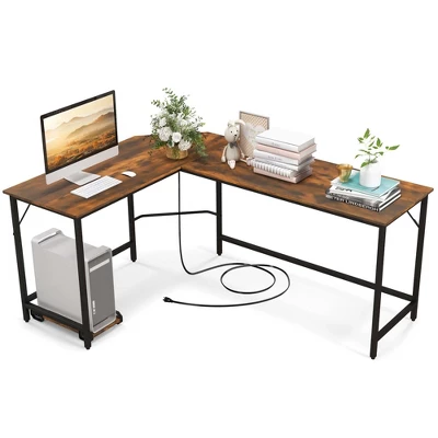 Costway L-shaped Gaming Desk Computer Desk With CPU Stand Power Outlets Rustic Brown/Black - Image 10