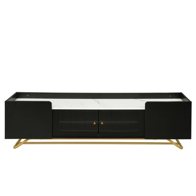 Stylish Design TV Stand For TVs Up To 65" With Fluted Glass, Cultured Marble Top And Gold Framed Base - ModernLuxe - Image 4