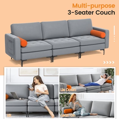 Costway Modern Modular 3-Seat Sofa Couch W/ Side Storage Pocket & Metal Leg Ash Grey - Image 7
