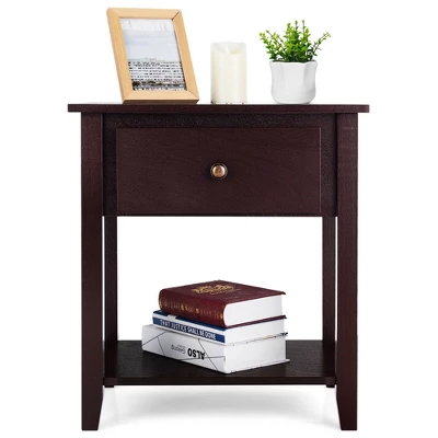 Costway 2PCS Nightstand Sofa End Side Table W/ Storage Drawer Bottom Shelf Espresso - Image 7