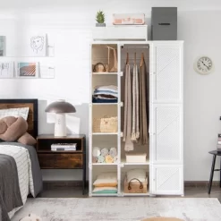 Costway Portable Closet Clothes Foldable Armoire Wardrobe Closet W/10 Cubes, Hanging Rods