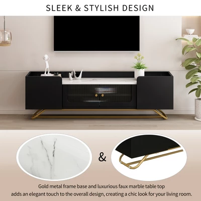Stylish Design TV Stand For TVs Up To 65" With Fluted Glass, Cultured Marble Top And Gold Framed Base - ModernLuxe - Image 6