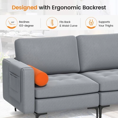 Costway Modern Modular 3-Seat Sofa Couch W/ Side Storage Pocket & Metal Leg Ash Grey - Image 4