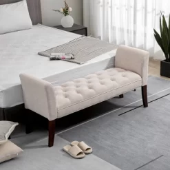 HOMCOM End Of Bed Bench With Button Tufted Design, Upholstered Bench With Arms And Solid Wood Legs For Bedroom