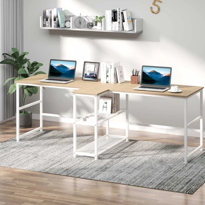 HOMCOM 83" Two Person Computer Desk With 2 Storage Shelves, Double Desk Workstation With Book Shelf, Long Desk Table For Home Office, Natural - Image 2