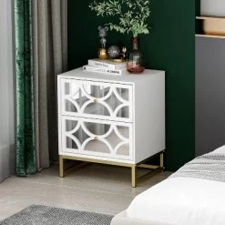 Averina 2 Drawers 45° Splicing White Mirror Front Nightstand With Storage - The Pop Maison