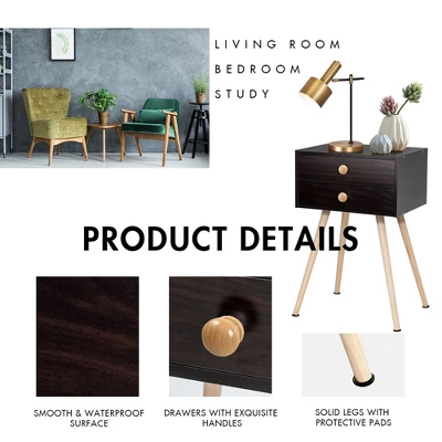 Costway 2 PCS Mid Century Modern 2 Drawers Nightstand Sofa Side Table End Table Espresso - Image 5