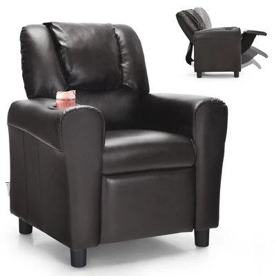 Costway Kids Recliner Chair PU Leather Armrest Sofa W/Footrest Cup Holder BeigeBrown - Image 10