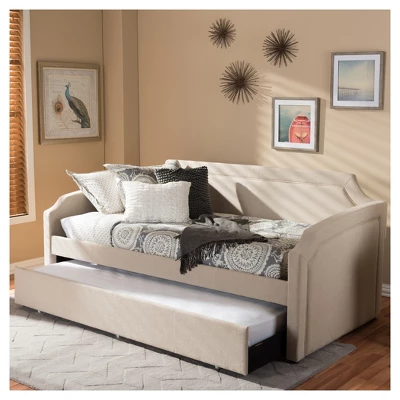 Parkson Modern And Contemporary Linen Fabric Curved Notched Corners Sofa Daybed With Roll - Out Trundle Guest Bed - Twin - Baxton Studio - Image 7