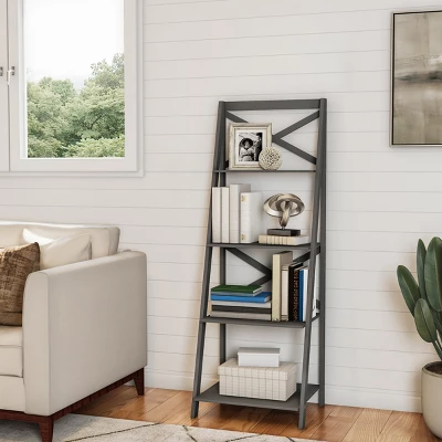 Hastings Home Ladder Bookcase X Back Frame, Gray - Image 3