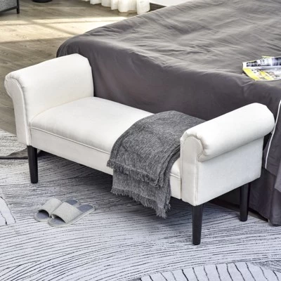 HOMCOM 52" Linen Upholstered Accent Ottoman Bench With Armrests - Image 2