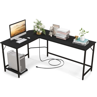 Costway L-shaped Gaming Desk Computer Desk With CPU Stand Power Outlets Rustic Brown/Black - Image 11