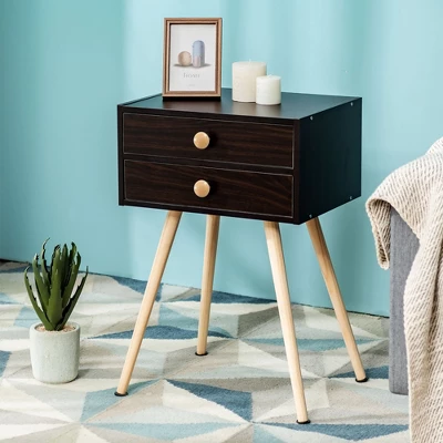Costway 2 PCS Mid Century Modern 2 Drawers Nightstand Sofa Side Table End Table Espresso - Image 2