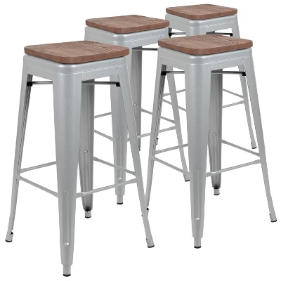 Flash Furniture 30" High Metal Indoor Bar Stool With Wood Seat - Stackable Set Of 4 - Image 12