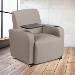 Emma And Oliver Tablet Arm Guest Chair With Front Wheel Casters And Cup Holder