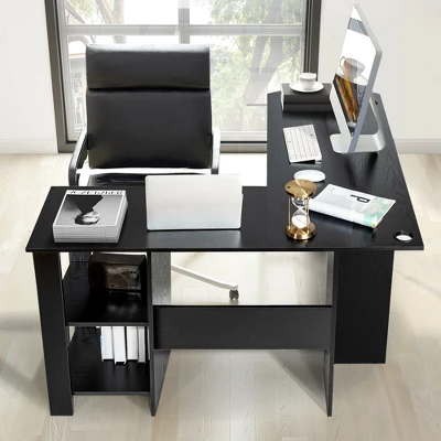 Costway Modern L-Shaped Computer Desk Writing Study Office Corner Desk W/Shelves - Image 2