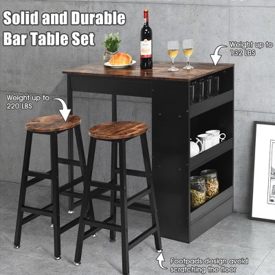 Costway 3 Pieces Bar Table Set Industrial Counter With Storage Black - Image 3