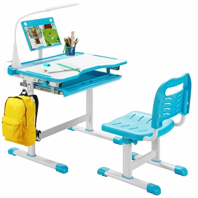 Costway Height Adjustable Kids Study Table And Chair Set W/Bookstand & Light Pink/Light Blue - Image 10
