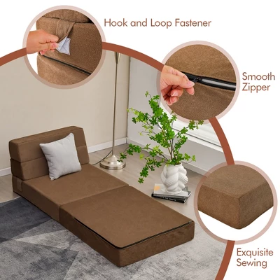 Costway Tri-Fold Fold Down Chair Flip Out Lounger Convertible Sleeper Bed Couch Dorm Brown - Image 6