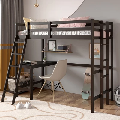 Costway Twin Loft Bed Frame W/Desk Angled And Built-in Ladder Solid Wooden Frame WhiteGreyExpresso - Image 11