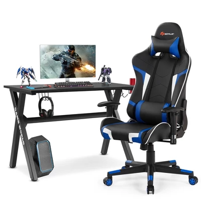 Costway X-Shaped Gaming Desk & Racing Style Massage Chair Set Home Office Black+White/Blue/Grey/Red - Image 10