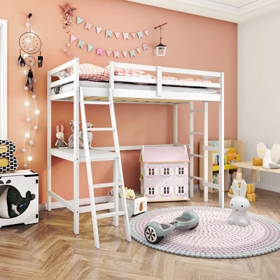 Costway Twin Loft Bed Frame W/Desk Angled And Built-in Ladder Solid Wooden Frame WhiteGreyExpresso - Image 3