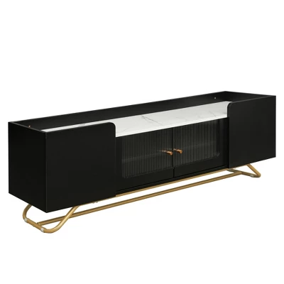 Stylish Design TV Stand For TVs Up To 65" With Fluted Glass, Cultured Marble Top And Gold Framed Base - ModernLuxe - Image 3