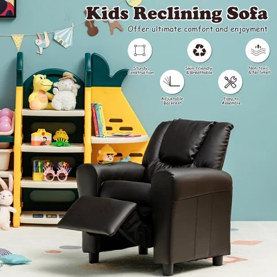 Costway Kids Recliner Chair PU Leather Armrest Sofa W/Footrest Cup Holder BeigeBrown - Image 4