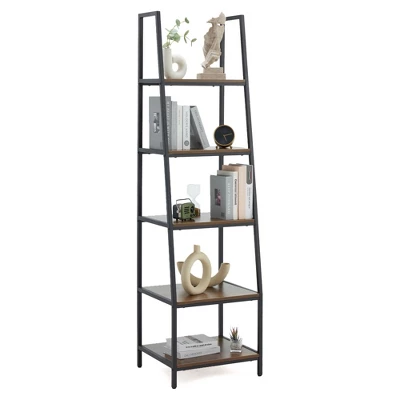 JOMEED CC80 Industrial Freestanding Durable 72 Inch 5 Tier Open Shelf Ladder Bookcase With Rubber Feet And Wall Bracket, Gray And Brown - Image 3