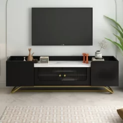 Stylish Design TV Stand For TVs Up To 65" With Fluted Glass, Cultured Marble Top And Gold Framed Base - ModernLuxe