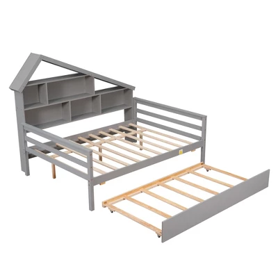 Full Size Platform Bed With Trundle And Shelves-ModernLuxe - Image 5